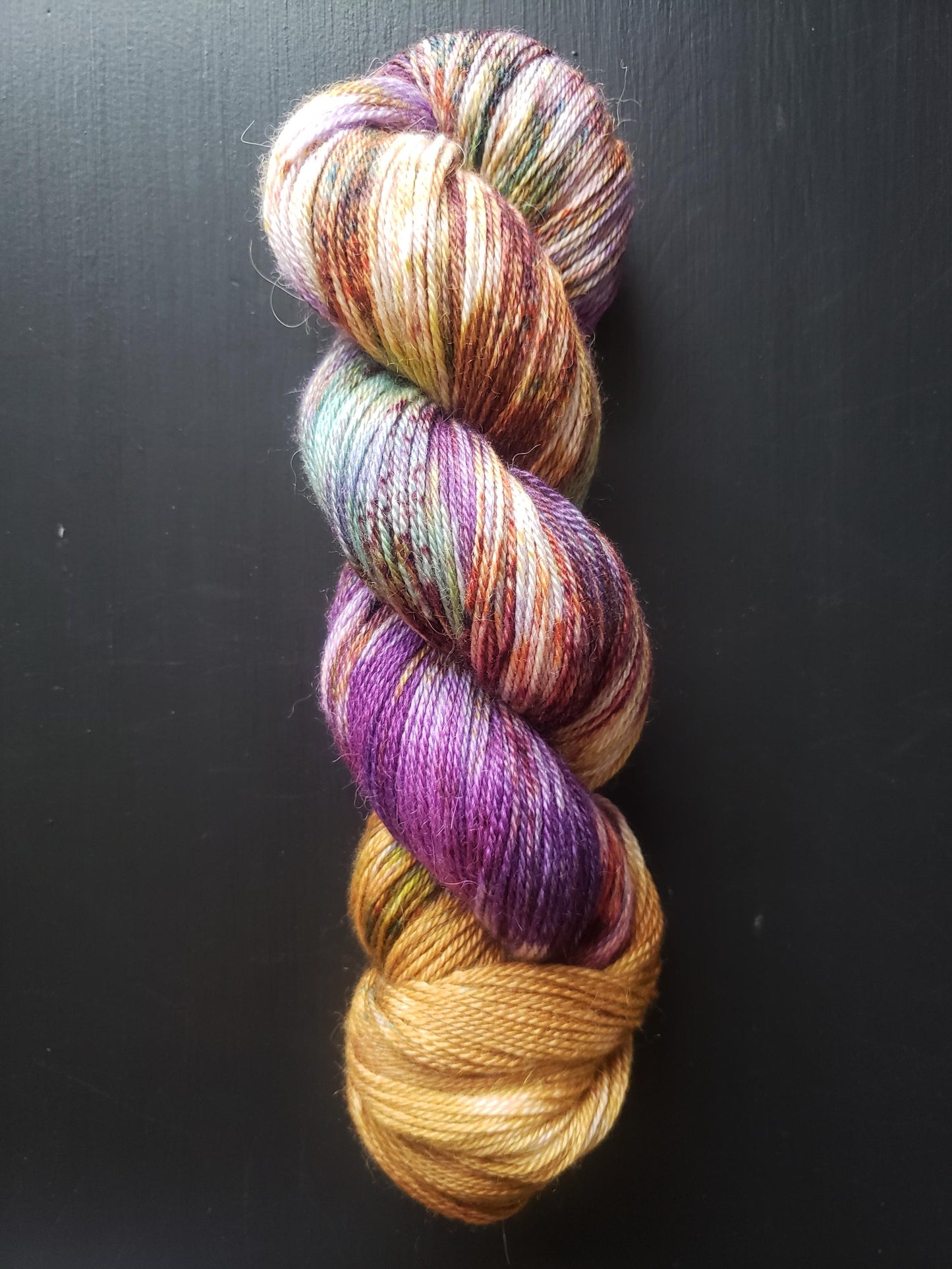 Heart of Glass - alpaca silk cashmere blend, fingering/sock weight yarn, non-super wash, 100g 437 yds, purple, mint, gold.