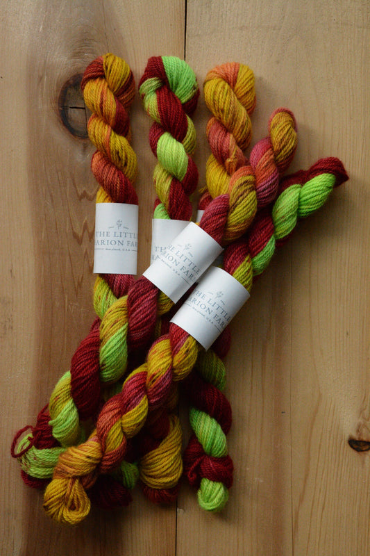 Cherie - mini skein- 65 per cent super fine baby alpaca 35 per cent extra fine merino, sport weight 20g 65 yards, red green orange.