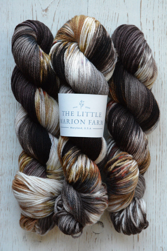 Coffee Culture - 4-ply 100% non-super wash worsted weight merino yarn. 100g, 218 yards, tan white dark brown coffee. Soft 20.5 micron.