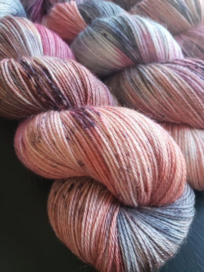 All the Feels - alpaca silk cashmere blend, fingering/sock weight yarn, non-super wash, 100g 437 yds, blues pinks peach with speckles