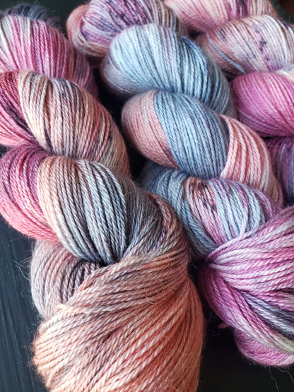 All the Feels - alpaca silk cashmere blend, fingering/sock weight yarn, non-super wash, 100g 437 yds, blues pinks peach with speckles