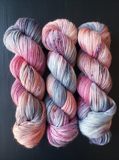 All the Feels - alpaca silk cashmere blend, fingering/sock weight yarn, non-super wash, 100g 437 yds, blues pinks peach with speckles