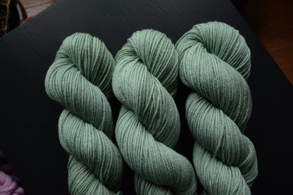 Sage Wisdom - 4-ply 100% non-super wash worsted weight merino yarn. 100g, 218 yards, mid sage green. Soft 20.5 micron. Semi-solid.