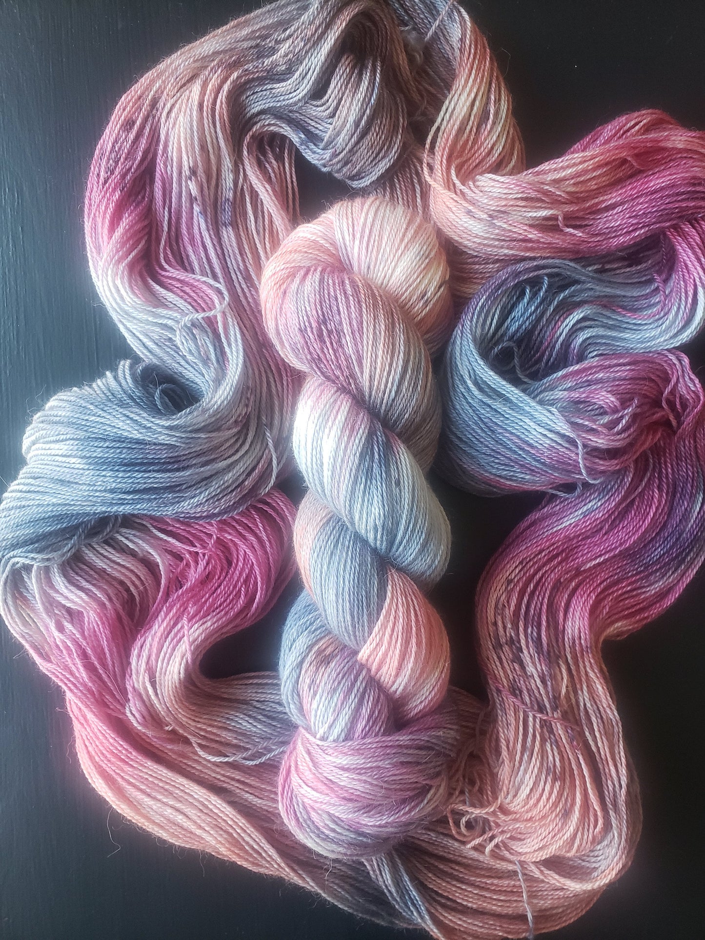 All the Feels - alpaca silk cashmere blend, fingering/sock weight yarn, non-super wash, 100g 437 yds, blues pinks peach with speckles