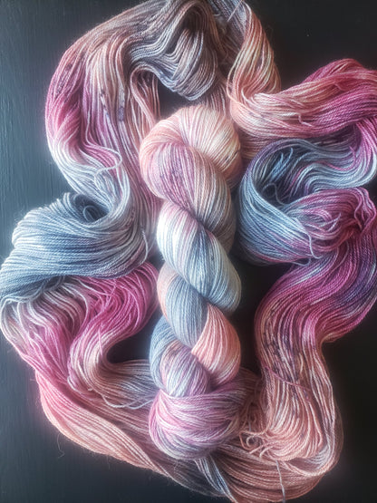 All the Feels - alpaca silk cashmere blend, fingering/sock weight yarn, non-super wash, 100g 437 yds, blues pinks peach with speckles