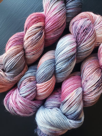 All the Feels - alpaca silk cashmere blend, fingering/sock weight yarn, non-super wash, 100g 437 yds, blues pinks peach with speckles