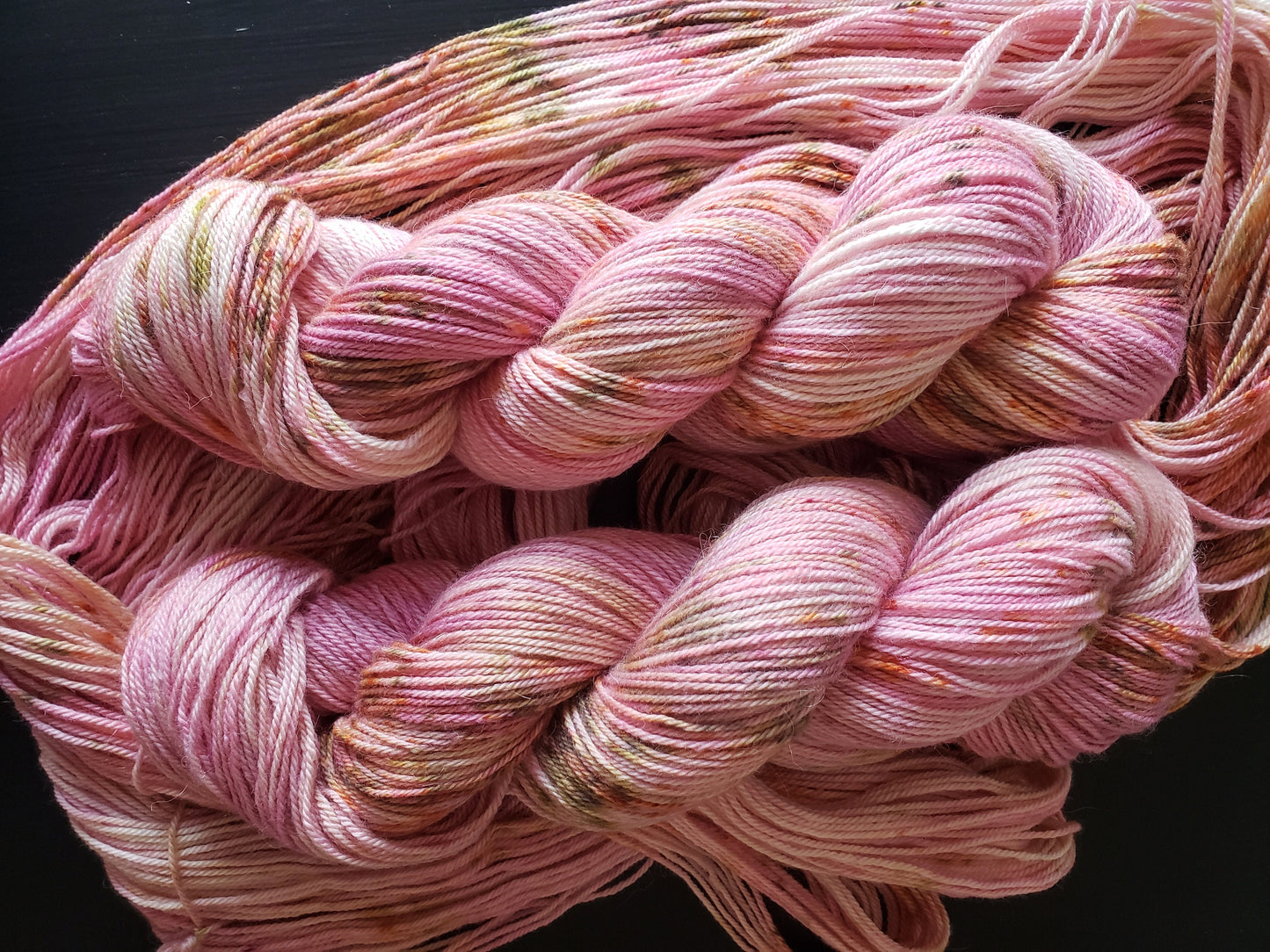 Wax flower - alpaca merino blend 3 ply non-super wash sport weight yarn. 100g, 328 yards, pink with saffron, green and brown speckles