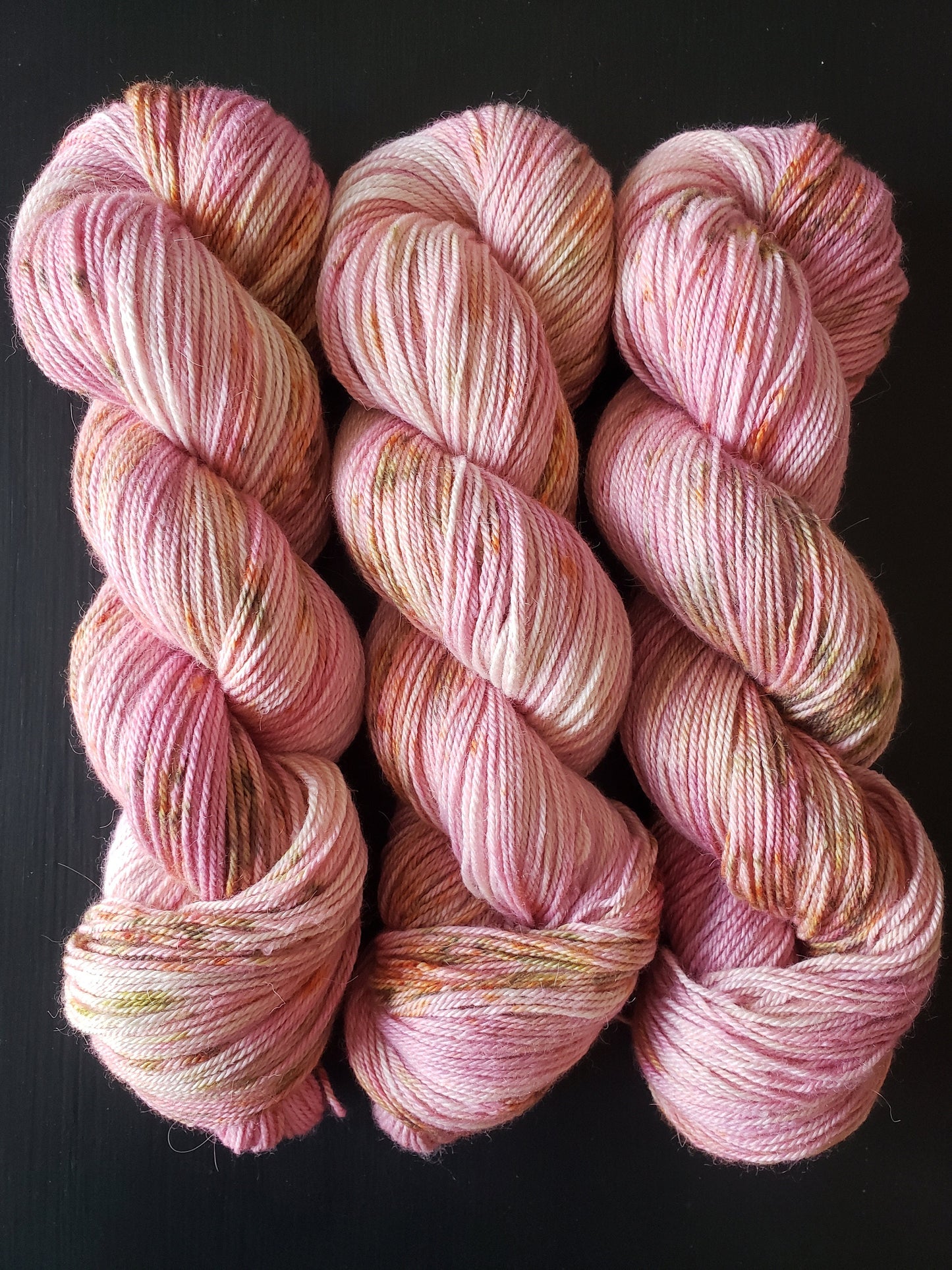 Wax flower - alpaca merino blend 3 ply non-super wash sport weight yarn. 100g, 328 yards, pink with saffron, green and brown speckles