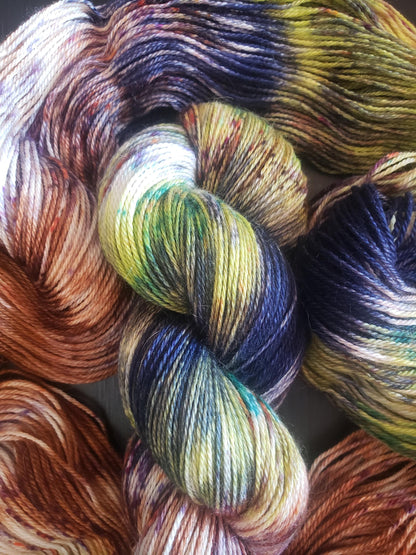 After the Rain - alpaca silk cashmere blend, fingering/sock weight yarn, non-super wash, 100g 437 yds, blue green brown.