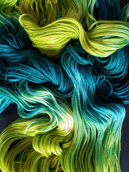 Serendipity - alpaca merino blend, sport weight yarn, non-super wash, 100g 328 yds, teal green chartreuse with orange speckles, super soft.