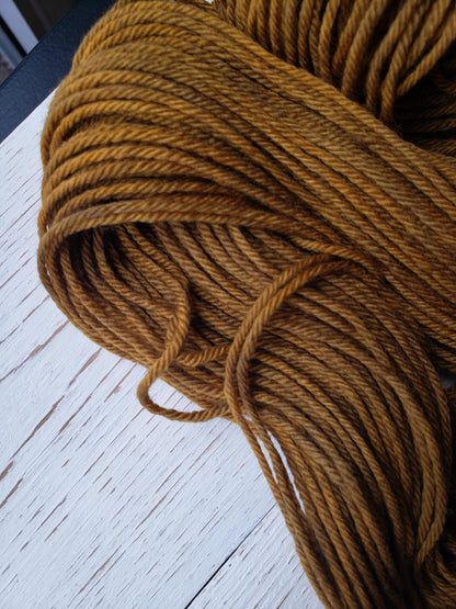 Old Gold - 4-ply 100% non-super wash worsted merino yarn. 100g, 218 yards. Soft 20.5 micron. Mustard, gold. Sweater yarn.