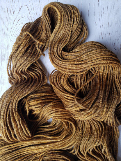 Old Gold - 4-ply 100% non-super wash worsted merino yarn. 100g, 218 yards. Soft 20.5 micron. Mustard, gold. Sweater yarn.