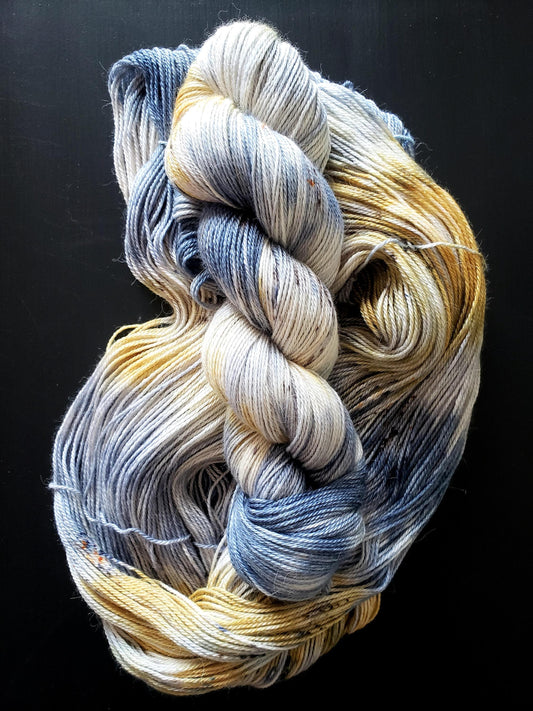 Bluebird - alpaca silk cashmere blend, fingering/sock weight yarn, non-super wash, 100g 437 yds, blue gray tan gold white, brown speckles.