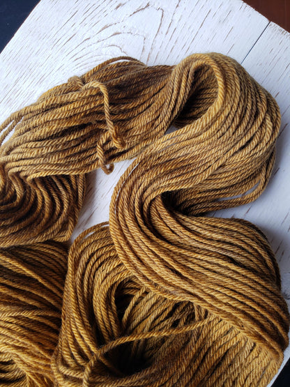 Old Gold - 4-ply 100% non-super wash worsted merino yarn. 100g, 218 yards. Soft 20.5 micron. Mustard, gold. Sweater yarn.